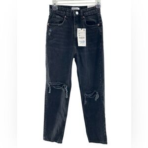 Zara Classic Mom Fit High Rise Distressed Black Jeans